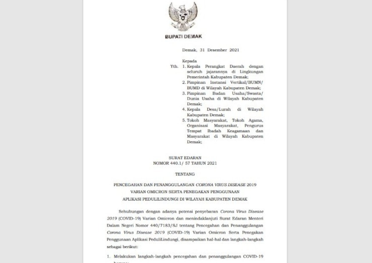 Pemkab Demak Keluarkan SE Terkait Pencegahan Varian Omicron
