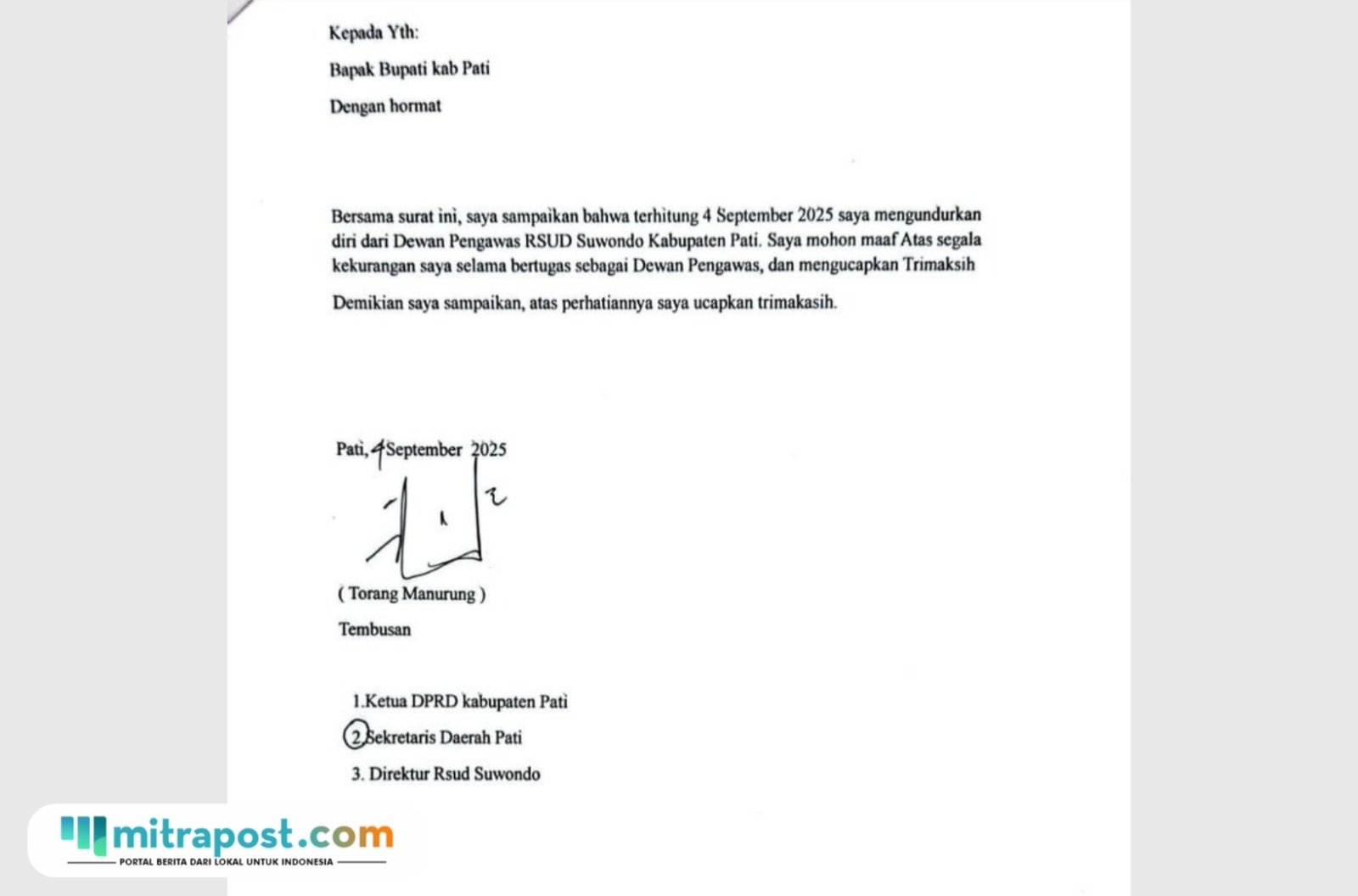Foto: Surat pengunduruan diri Torang Manurung dari Dewan Pengawas RSUD Soewondo Pati yang viral di Sosmed (Mitrapost.com/ sosmed) 