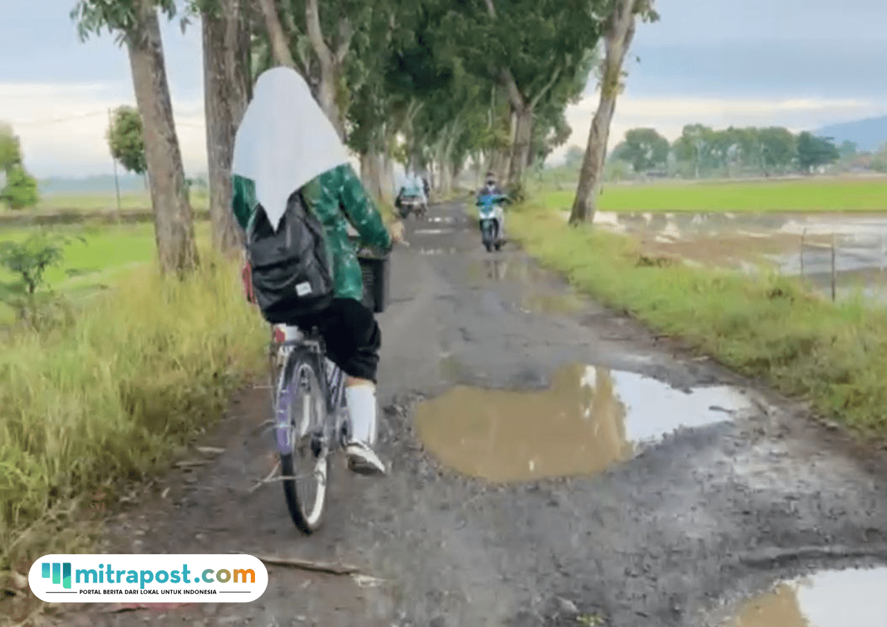 Foto: pelajar saat berangkat sekolah harus melalui jalan yang rusak parah (Mitrapost.com/ Kafi) Foto: pelajar saat berangkat sekolah harus melalui jalan yang rusak parah (Mitrapost.com/ Kafi)