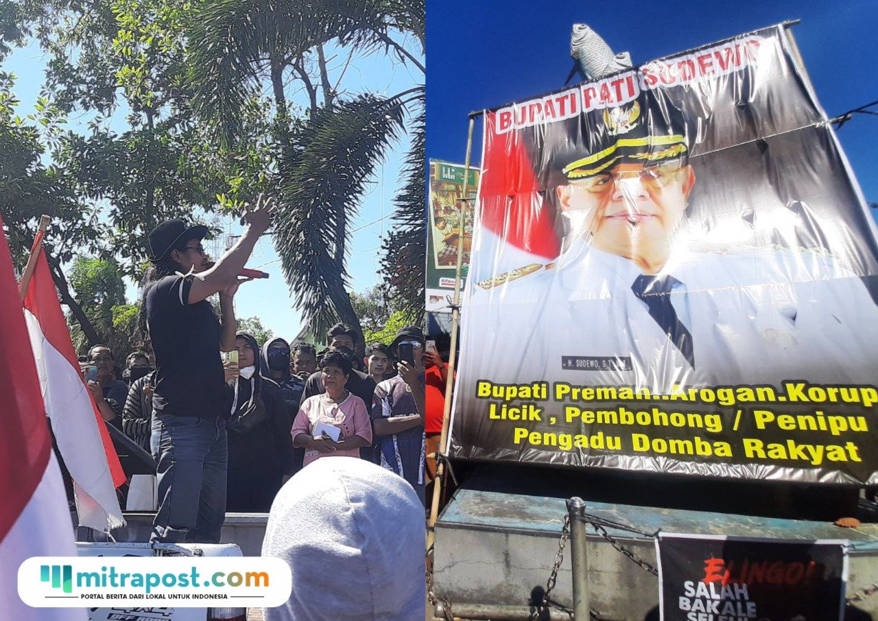 Foto: ratusan warga yang tergabung dalam Solidaritas Pati Timur menggelar aksi demonstrasi damai di Alun-Alun Juwana, Senin (13/10/2025) siang (Mitrapost.com/ Kafi)
