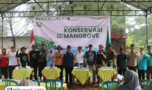 Foto: foto bersama sebelum menanam ribuan bibit mangrove di pesisir Desa Tunggulsari, Kecamatan Tayu, Kabupaten Pati, Sabtu (8/11/2025) (Mitrapost.com/ Kafi)
