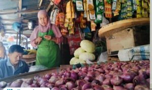 Foto : Pedagang di pasar puri menunggui Bawang Merah terjual. (Sumber. Mitrapost.com/ Ilham)