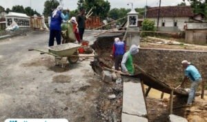Foto: pekerja sedang memperbaiki jembatan yang ambrol di Desa Pelemgede Kecamatan Pucakwangi (Mitrapost.com/ Kafi)