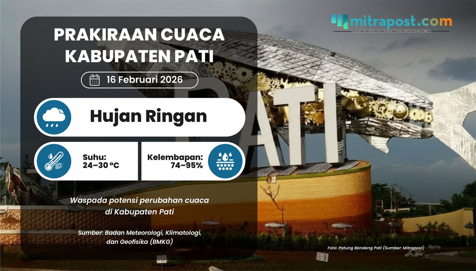 Hujan Ringan Berpotensi Landa Pati Awal Pekan Besok