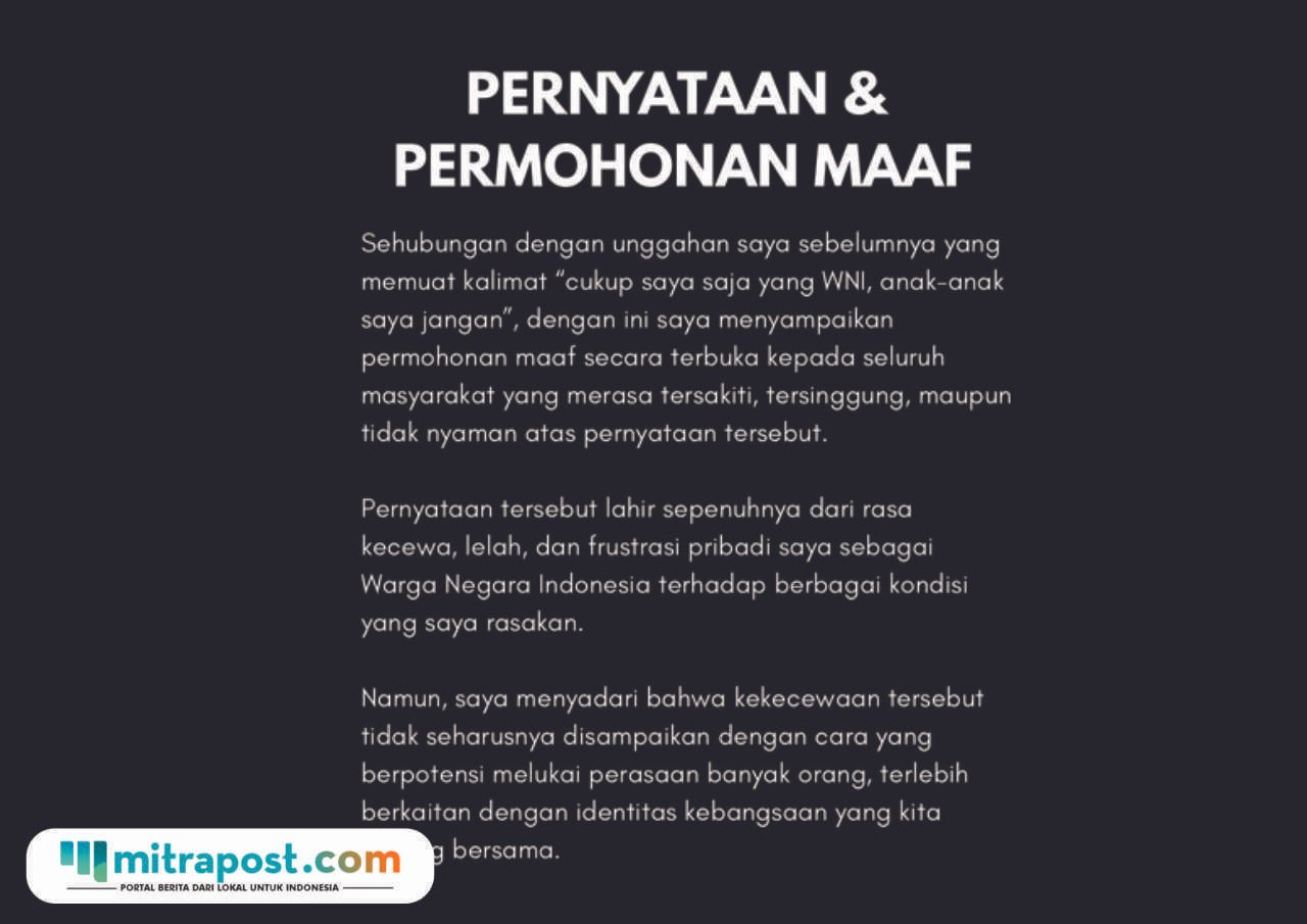 Tangkap layar pernyataan dan permohonan maaf/Instagram @sasetyaningtyas