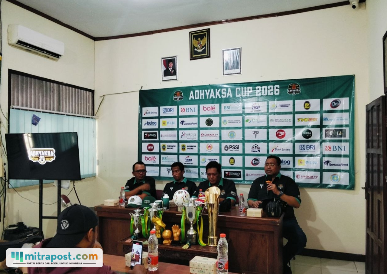 Foto : Konferensi Pers Adhyaksa Cup 2026 di Gedung Koni Kabupaten Pati, Sabtu (22/08/2026) siang. (Sumber. Mitrapost.com/ Ilham)