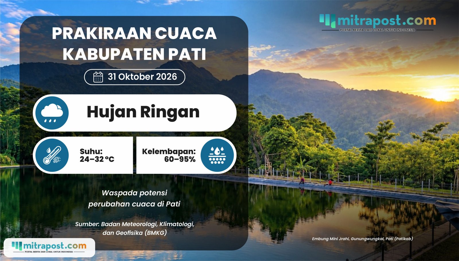 Prakiraan Cuaca Pati Sabtu Besok: Mayoritas Kecamatan Berpotensi Alami Hujan Ringan Prakiraan Cuaca Pati Sabtu Besok: Mayoritas Kecamatan Berpotensi Alami Hujan Ringan